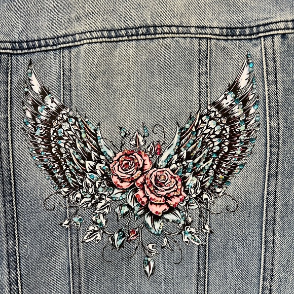 Upcycled Embroidered Denim Jacket with Angel Wings - Picture 4 of 8